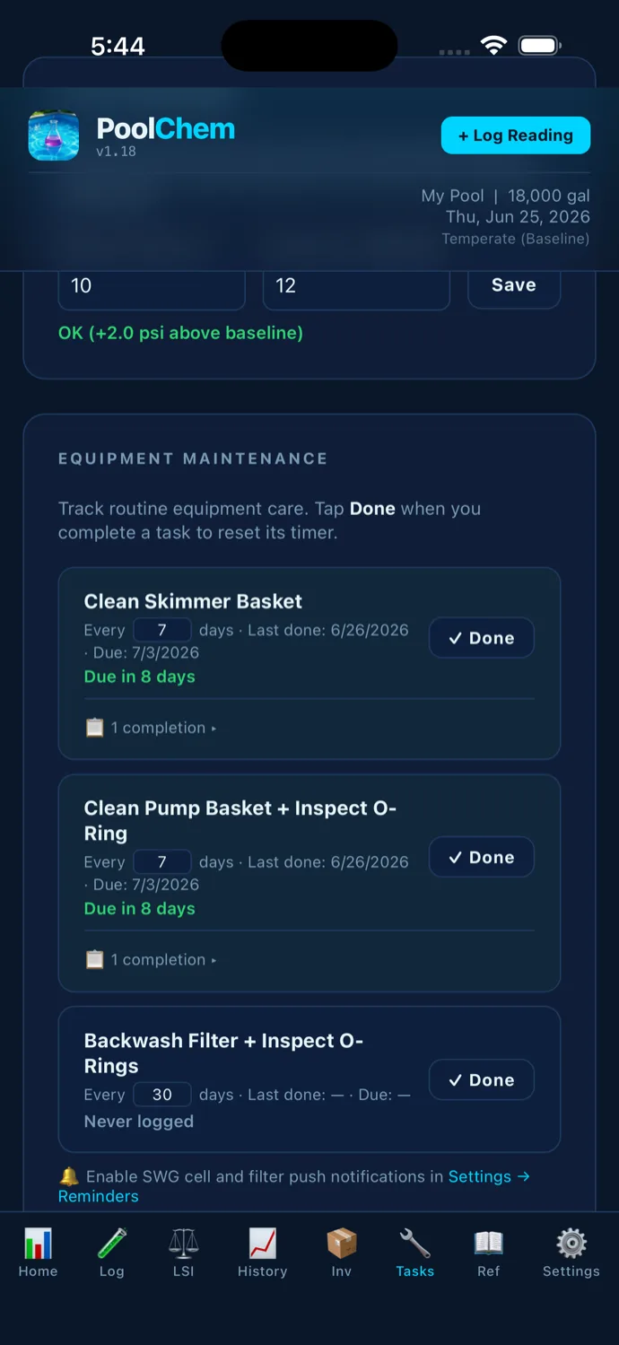 PoolChem Tracker maintenance tasks tab